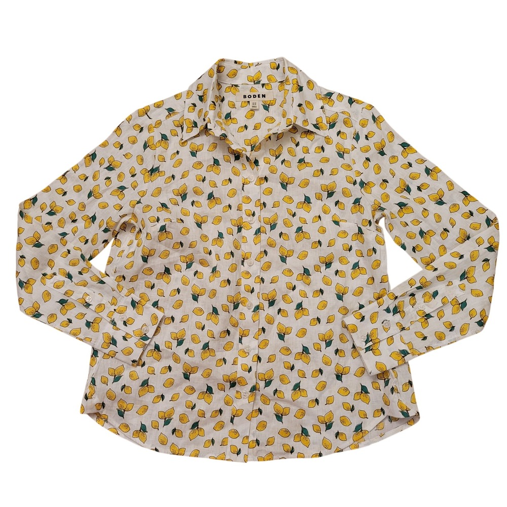 Boden 4P Button Up Shirt White Yellow Linen SIENNA Amalfi Lemons Summer Travel